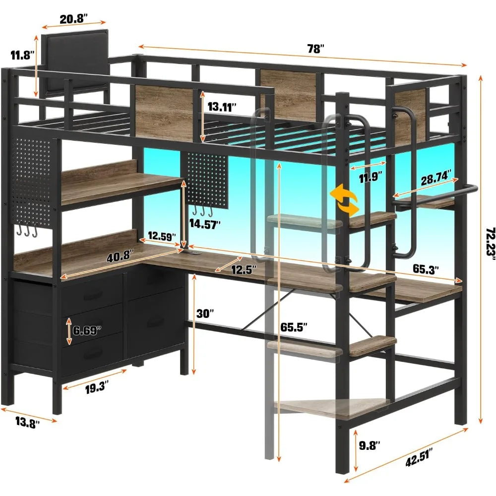 LED Twin Loft Bed with Desk and Storage, with Charging Station